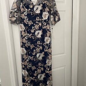 Adrianna Papell Embroidered Column Gown, Size 12, Navy/Ivory